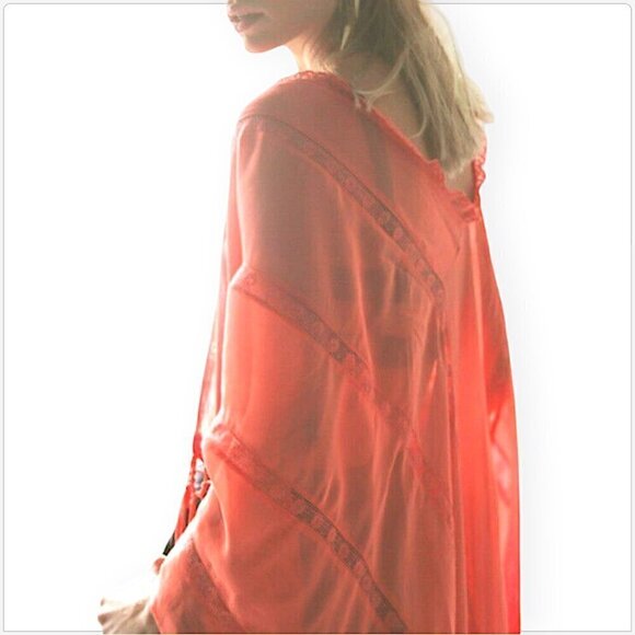 Free People Muche Et Muchette Rory Ruana Shawl Fringe Wrap Coral Peach Boho O/S - Picture 5 of 8